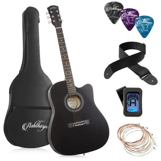 Ashthorpe 41-inch Beginner Cutaway Acoustic Guitar Package, Full Size Basic Starter Kit w/ Gig Bag, Strings, Strap, Tuner, Picks Black {7}