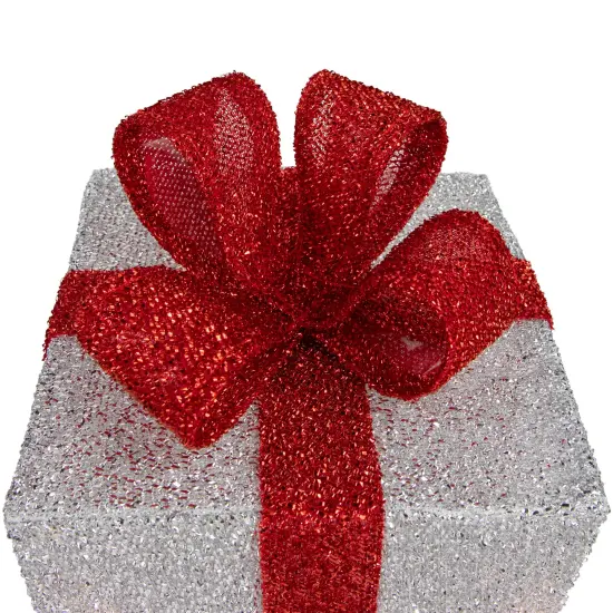 Northlight Set of 3 Silver Tinsel Lighted Gift Boxes with Red Bows Outdoor Christmas Decorations {7}