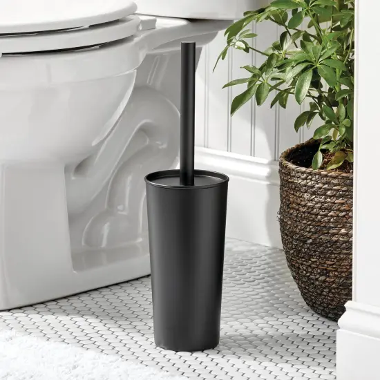 mDesign Metal Toilet Bowl Brush and Holder + Wastebasket - Set of 2 {2}