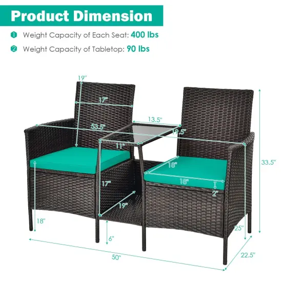 Patio Rattan Wicker Conversation Set Sofa Cushioned Loveseat Glass Table Turquoise {5}