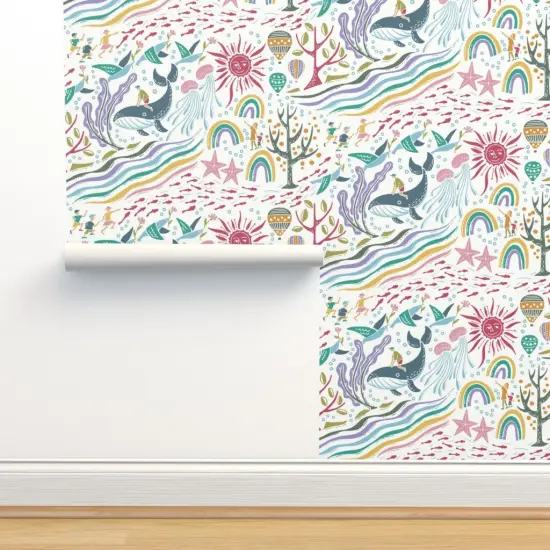 Pre-Pasted Wallpaper 2FT Wide Under The Sea Blue Pink Purple Whale Sun Sea Creatures Custom Pre-pasted Wallpaper by Spoonflower {2}