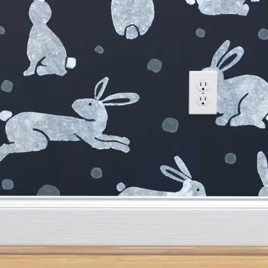 Pre-Pasted Wallpaper 2FT Wide Indigo Rabbits Dark Blue Bunny Snow Hare Winter Animals Custom Pre-pasted Wallpaper by Spoonflower {4}
