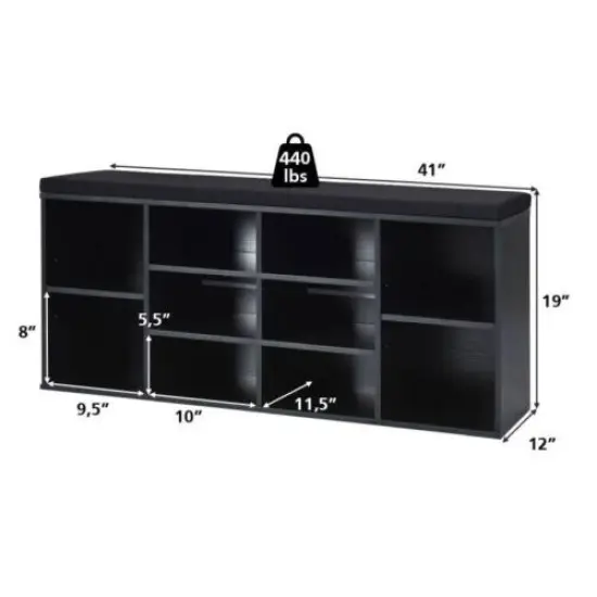 10-Cube Organizer Entryway Padded Shoe Storage Bench Black {5}