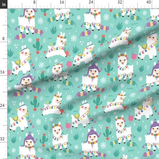 Various Fabrics by the Yard or Fat Quarter Kawaii Llamas Whimsical Colorful Cute Baby Aqua Teal Custom Printed Fabric by Spoonflower {1}