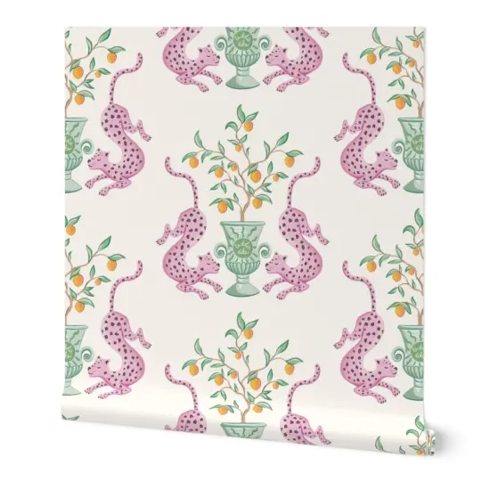 Peel & Stick Wallpaper 2FT Wide Whimsical Pink Green Orange Damask Animals Botanical Custom Removable Wallpaper by Spoonflower {7}