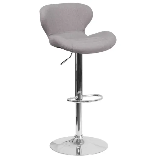 Merrick Lane Quincy Adjustable Height Barstool Contemporary Bar Height Stool with Curved Back and Metal Base with Footrest Gray Fabric {1}