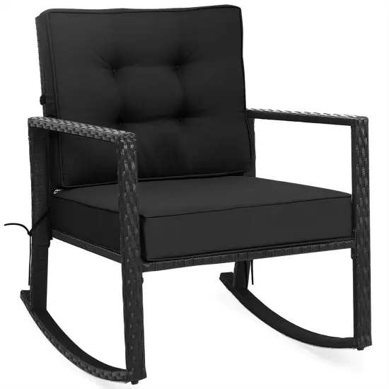 Patio Rattan Rocker Outdoor Glider Rocking Chair Cushion Lawn Black {1}