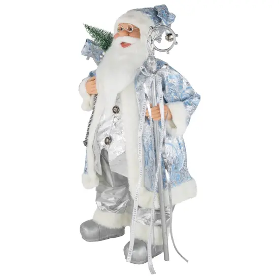 Northlight 24" Blue and Silver Ice Palace Santa Claus with Staff and Bag Christmas Figure {5}