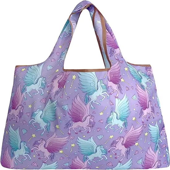 Wrapables Large Foldable Tote Nylon Reusable Grocery Bags, 3 Pack Unicorns & Pegasus {4}