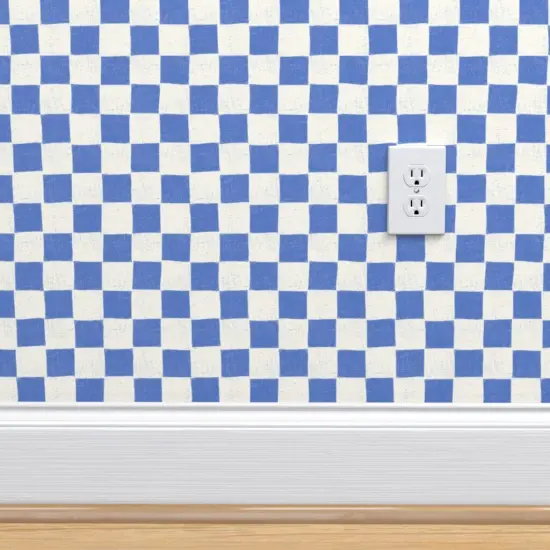 Peel & Stick Wallpaper 2FT Wide Blue Geometric Hand-Drawn Stamp Checkered Checks Block Print Medium Scale Race Rally Finish Flag Custom Removable Wallpaper by Spoonflower {4}