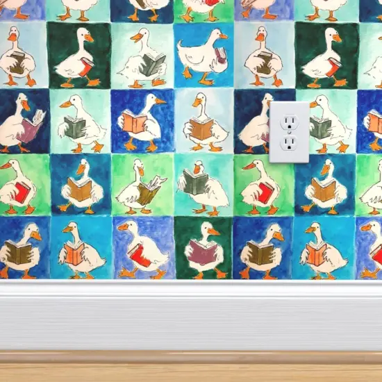 Pre-Pasted Wallpaper 2FT Wide Blue Birds Animals Whimsical Books Ducks Watercolor Book Covers Reading Group Duck Readers Library Lover Large Scale Custom Pre-pasted Wallpaper by Spoonflower {4}