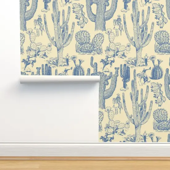 Pre-Pasted Wallpaper 2FT Wide Western Cowboy Cowgirl Toile Cactus Chinoiserie Southwestern Cacti Rustic Custom Pre-pasted Wallpaper by Spoonflower {2}