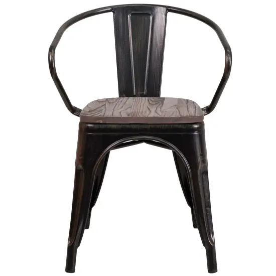 Emma and Oliver Metal Chair with Wood Seat and Arms Black-Antique Gold {3}