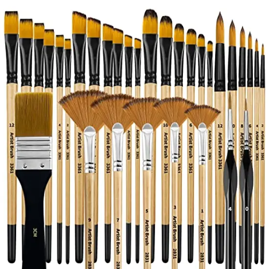32 Pieces Paint Brush Set, Artist Series, Nylon Bristles with Round, Filbert, Flat, Fan, Angle, Fine Detail Brush, Suitable for Artists and Beginners for Acrylic Painting, Oil, Watercolor {2}