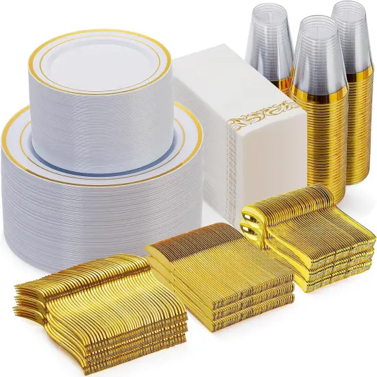 700 Piece Gold Disposable Dinnerware Set for 100 Guests {1}