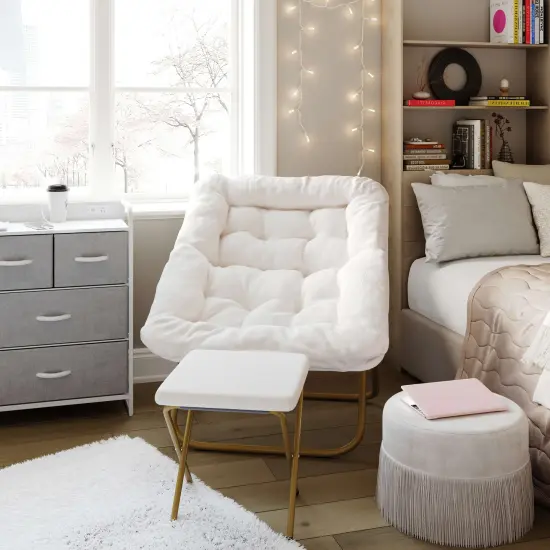 Emma and Oliver Aisling Oversized Folding Saucer Chair and Ottoman for Dorm, Bedroom IvoryShearl/SoftGold {1}