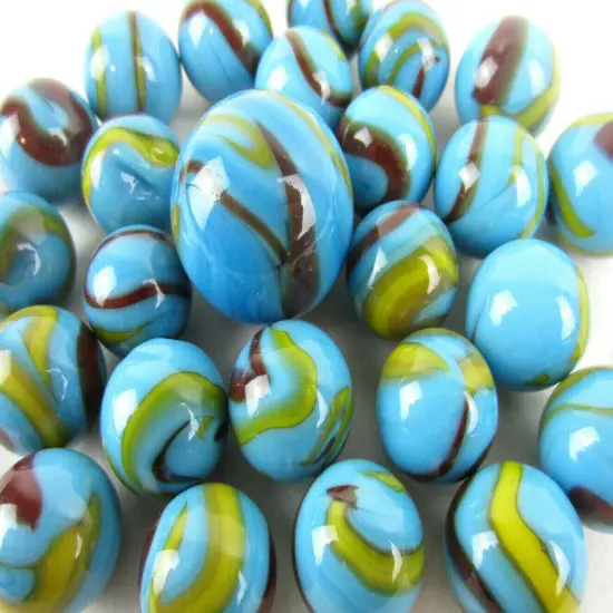 25 Glass Marbles SERPENT Blue/Red/Yellow Shooter vtg style Swirl {1}