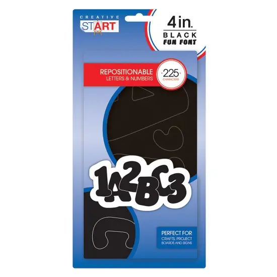 Creative Start Vinyl Repositionable Self-Adhesive Letters and Numbers, 4", Fun Font, Black, 225 count {1}