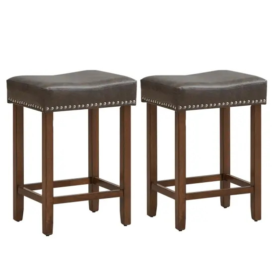 Costway 29.5" Wood Frame PU Leather Upholstered Bar Stools Set of 2 with Footrests Brown/Grey {8}