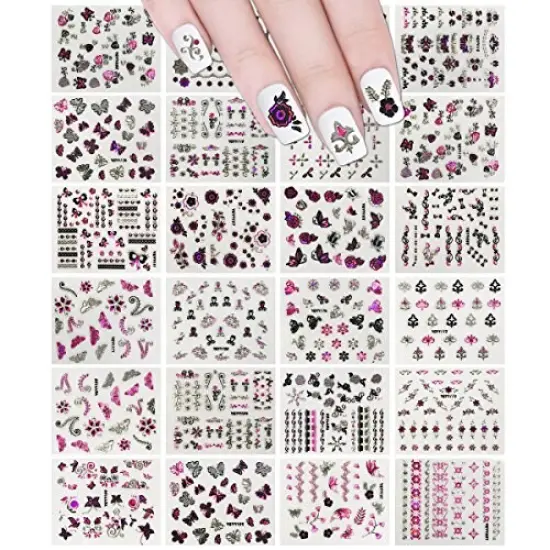 Wrapables 24 Sheets Butterfly with Gold & Silver Trim Nail Stickers Nail Art Set, Silver {1}