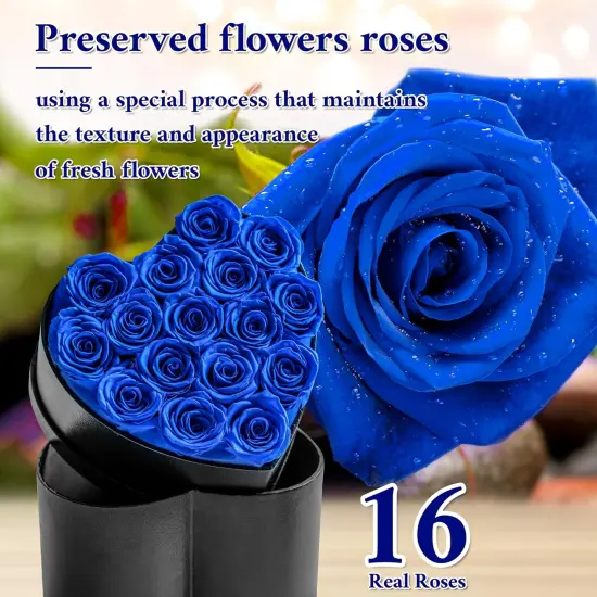 16Pcs Preserved Real Roses for Her in Heart Shape Box Blue {3}