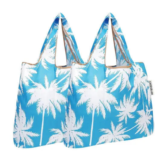Wrapables Foldable Tote Nylon Reusable Grocery Bag (Set of 2) Palm Trees in Blue {1}