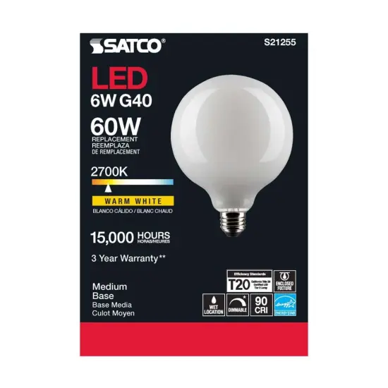 6Pk - Satco 6w G40 Globe Filament LED 2700K E26 Base White Dimmable - 60w equiv Warm White {5}