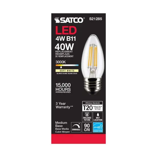6Pk - Satco 4w B11 LED 3000K Medium Base Dimmable - 40w equiv Warm White {5}