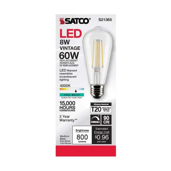 6Pk - Satco 8w ST19 LED 4000K Medium Base Dimmable - 60w equiv Cool White {4}