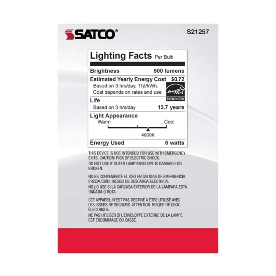 6Pk - Satco 6w G40 Globe Filament LED 4000K E26 Base White Dimmable - 60w equiv Cool White {6}