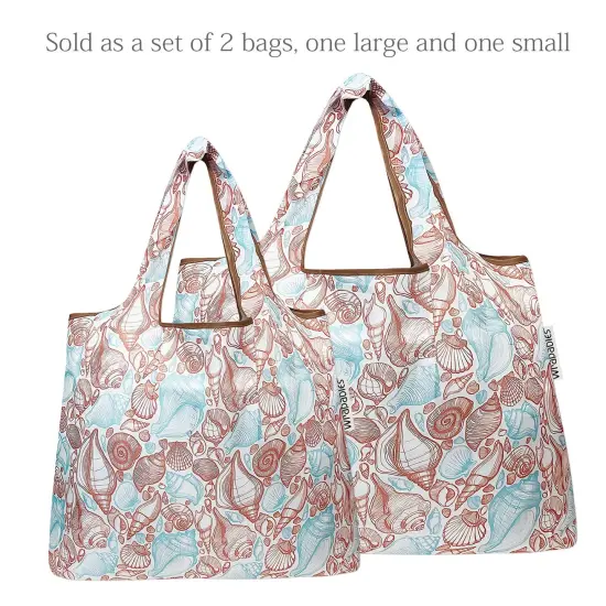 Wrapables Large & Small Foldable Tote Nylon Reusable Grocery Bags, Set of 2 Seashells {3}
