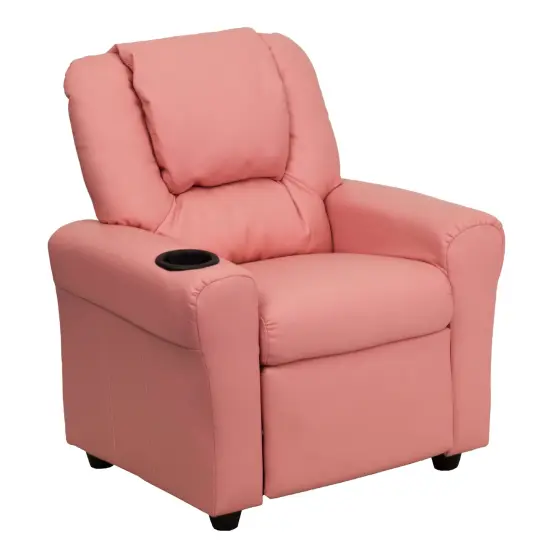 Emma and Oliver Contemporary Kids Recliner with Cup Holder and Headrest Pink Vinyl {1}