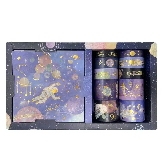 Wrapables Decorative Gold Foil Washi Tape and Sticker Set for Stationery, Diary, Card Making (10 Rolls & 10 Sheets) Space {1}