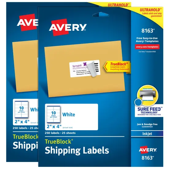 Avery Printable Shipping Labels with Sure Feed, 2" x 4" Customizable Stickers, White, 500 Blank Mailing Labels Total, Great for Mailing, Shipping, and More (2-Pack of 8163) {1}
