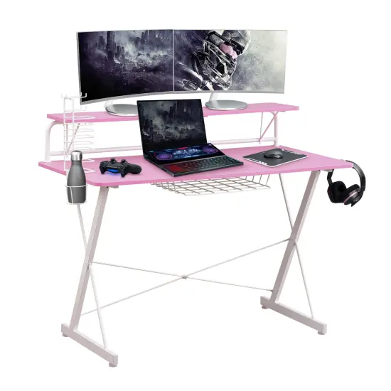 Techni Office Solutions Computer Gaming Desk with Shelve - 41.5" - Pink and White {1}