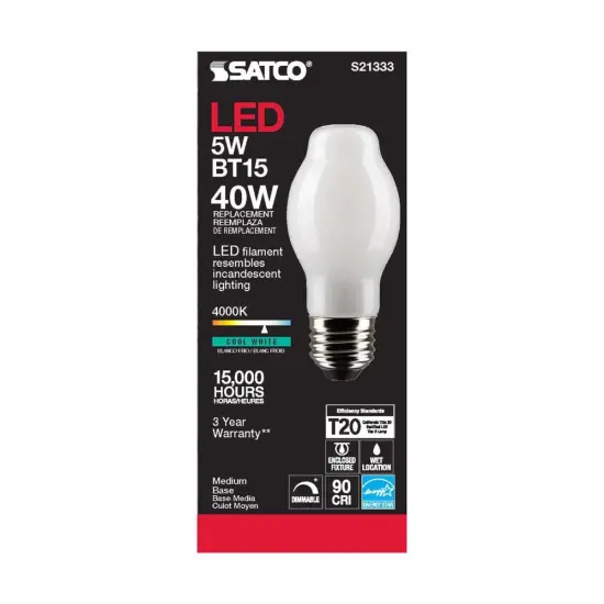 6Pk - Satco 5w BT15 LED 4000K Medium Base White Dimmable - 40w equiv Cool White {5}