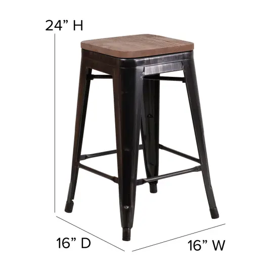 Merrick Lane Dalton Series Backless Metal Dining Stool with Wooden Seat for Indoor Use Black-Antique Gold {5}