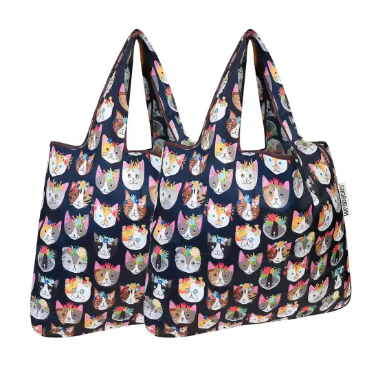 Wrapables Foldable Tote Nylon Reusable Grocery Bag (Set of 2) Crazy Cats {1}