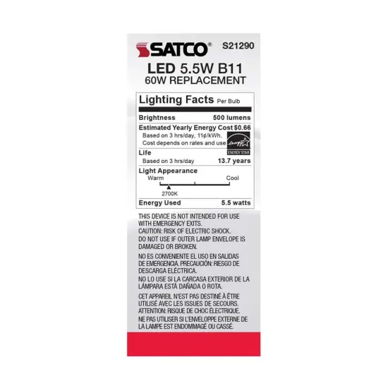 6Pk - Satco 5.5w B11 LED 2700K Medium Base Dimmable - 60w equiv Warm White {6}