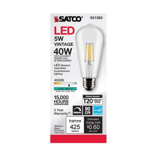 6Pk - Satco 5w ST19 LED 4000K Medium Base Dimmable - 40w equiv Cool White {4}