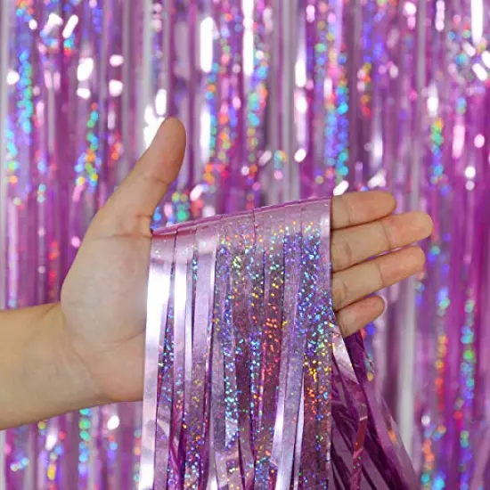 Foil Fringe Curtains Party Decorations - Melsan 3 Pack 3.2 x 8.2 ft Tinsel Curtain Party Photo Backdrop for Birthday Party Baby Shower or Graduation Decorations Pinkish Purple {6}