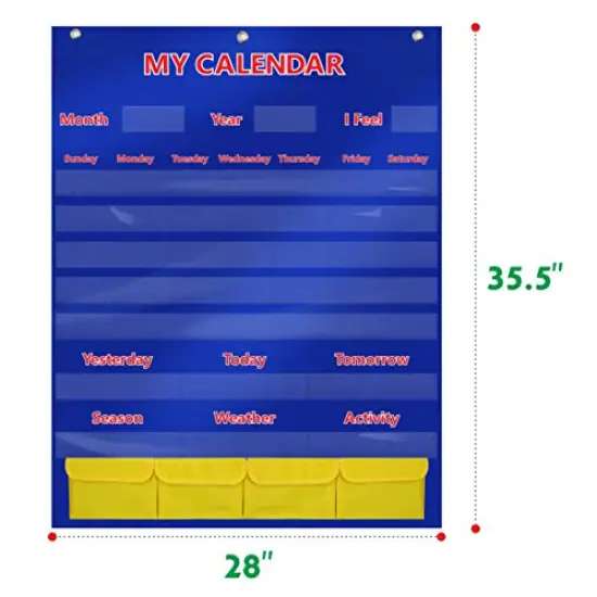Calendar and Weather Pocket Chart with 148 Cards 108 Illustrated Activity Cards 40 Dry Erasable Flash Cards and 3 Hooks 28 x 35.5 Inches {3}