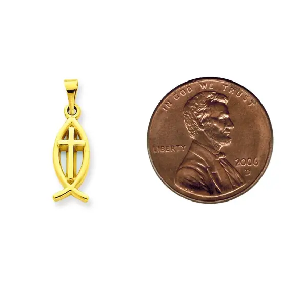 14K Yellow Gold Ichthus Fish Cross Charm Pendant Jewerly 21mm x 7mm {2}