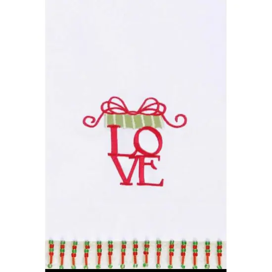 Christmas Present "Love " Embroidered 100% Cotton Beaded Guest Dishtowel {1}