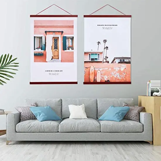 2 Pack Magnetic Poster Hanger Frame, 9x24 9x12 9x11 Light Wood Wooden Magnet Canvas Artwork Print Dowel Poster Hangers Frames Hanging Kit (Mahogany, 9",2 Packs) {2}