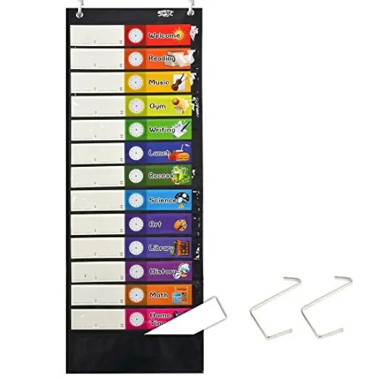 Daily Schedule Pocket Chart， Black Class Schedule with 26 Cards, 13+1 Pockets. 13 Colored + 13 Blank Double-Sided Reusable Cards, Easy Over-Door Mountings Included. (13&rdquo; x 36&rdquo;) {1}