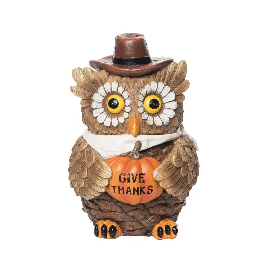 "Give Thanks" Owl Bird with Sunflower Eyes Pumpkin Small Thanksgiving Figure Figurine {1}