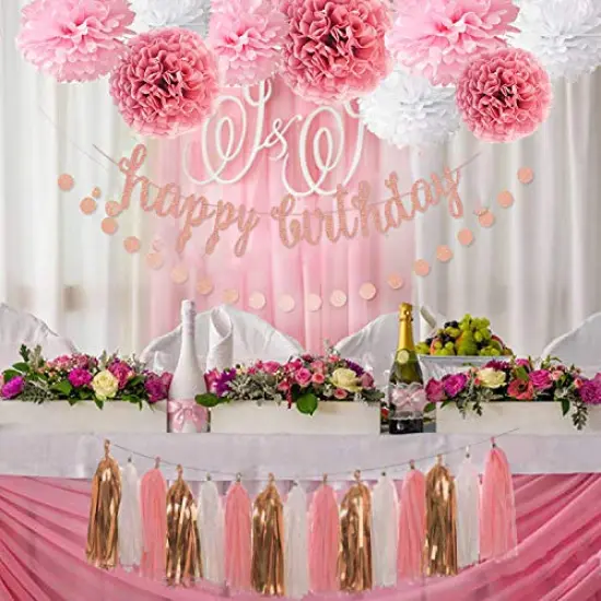 Rose Gold and Pink Birthday Party Decorations Set, Glittery Happy Birthday Banner, Tissue Paper Pom Poms, Circle Dots Garland, and Tassel Garland for Party Decor {1}