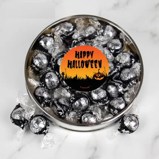 Halloween Candy Gift Tin with Chocolate Lindor Truffles by Lindt Large Plastic Tin with Sticker By Just Candy - Pumpkin {1}