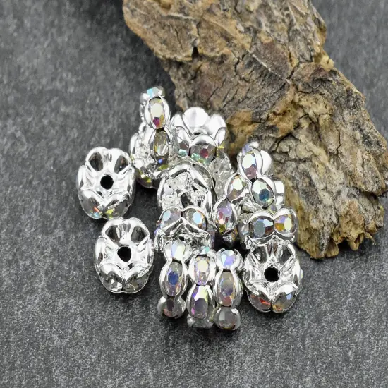 Silver w/ Crystal AB Rhinestone Wavy Edge Rondelle Spacer Beads {3}
